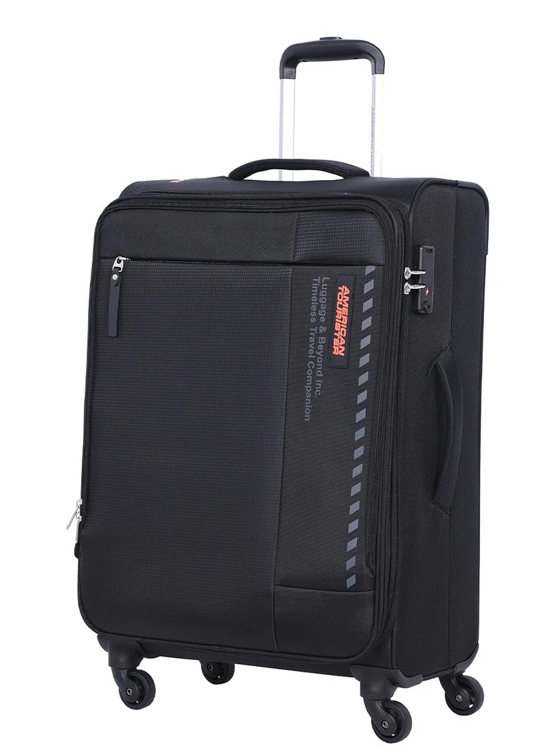 AMERICAN TOURISTER Marina Suitcase, Check-In Size 70 cm / 26 inch, 4 Spinner Wheels, Soft Top, 100% Polyester, Black|Inner Mesh Zippered Pocket|Expandable|TSA Lock|Voluminous Front Pocket - 3 Years International Warranty